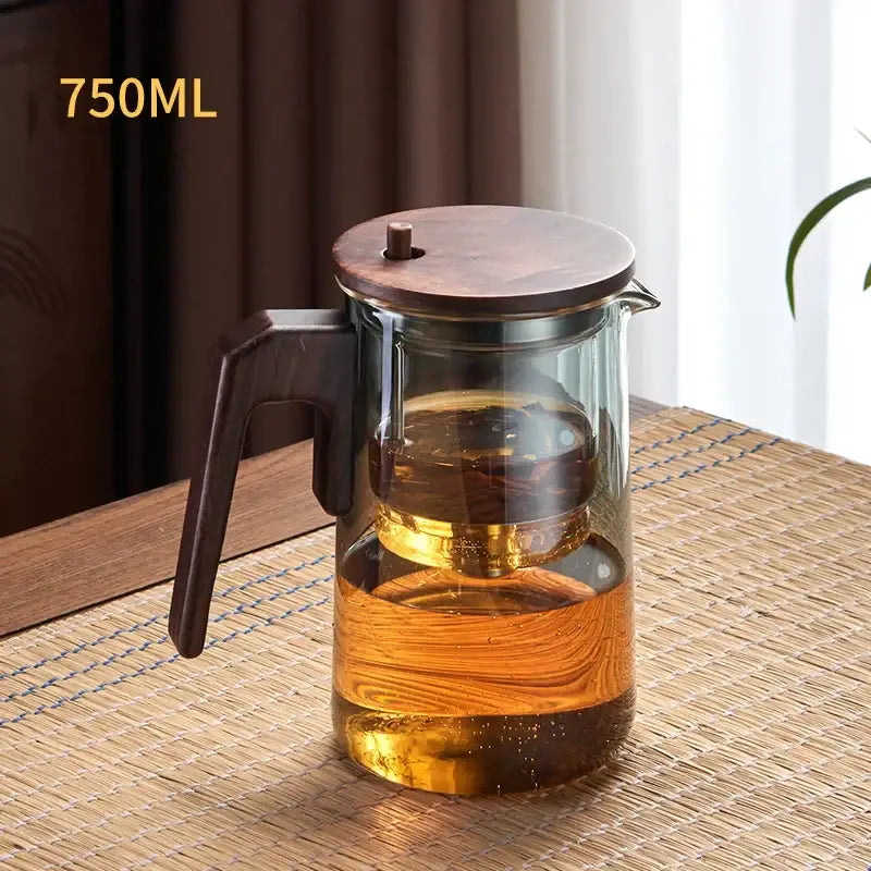 Decorbites glass teapot 750ml clear glass with dark wood handle and lid and internal infuser for steeping tea leaves