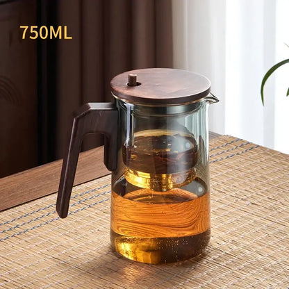 Decorbites glass teapot 750ml clear glass with dark wood handle and lid and internal infuser for steeping tea leaves