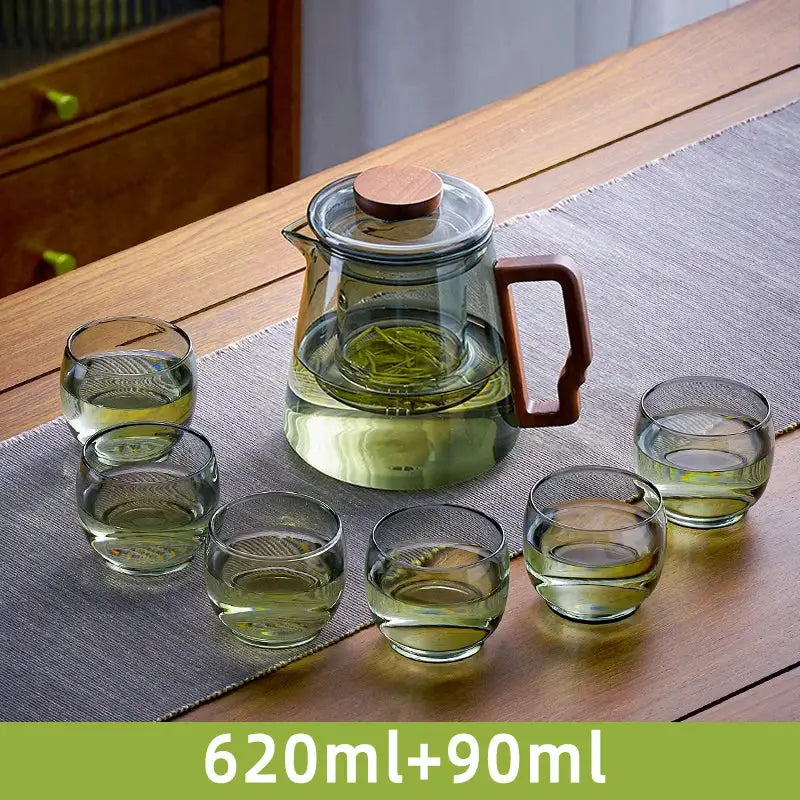 Clear glass decorbites glass teapot with wooden lid and handle and six matching cups for kung fu tea ceremony