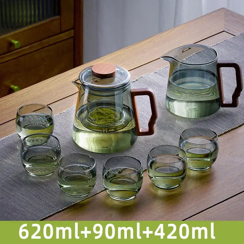 Clear glass decorbites glass teapot with wooden handles lids 620ml pot 90ml pitcher and four cups for tea ceremony