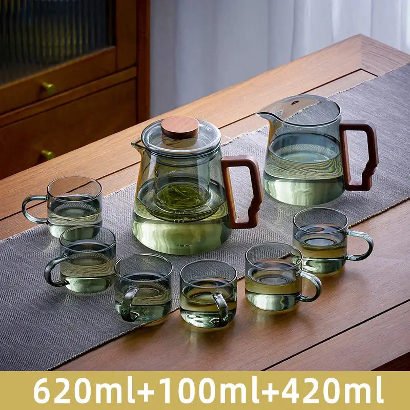 Set of decorbites glass teapot and mugs with wooden handles for kung fu tea includes 620ml pot and four 100ml cups