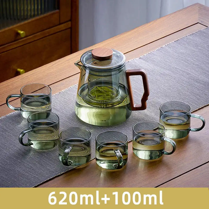 Decorbites glass teapot with wooden lid and handle with six matching transparent cups for kung fu tea ceremony