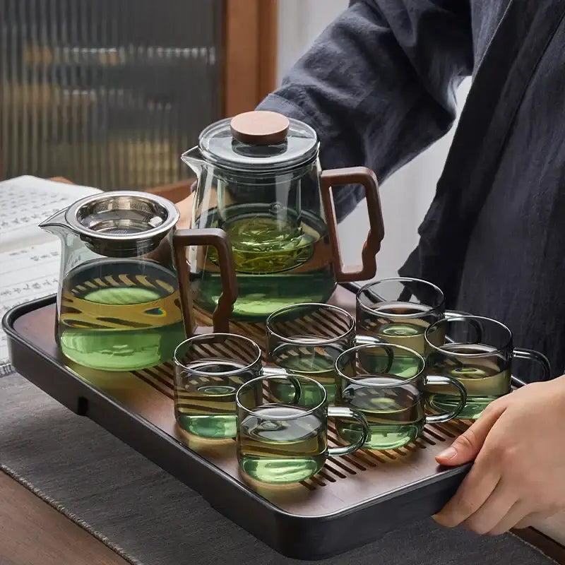 A decorbites glass teapot with wooden handle and lid set including six clear glass cups for kung fu tea ceremony