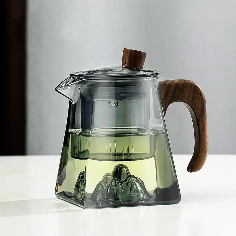 Decorbites glass teapot with wooden handle and lid knob transparent heat resistant teaware with internal infuser