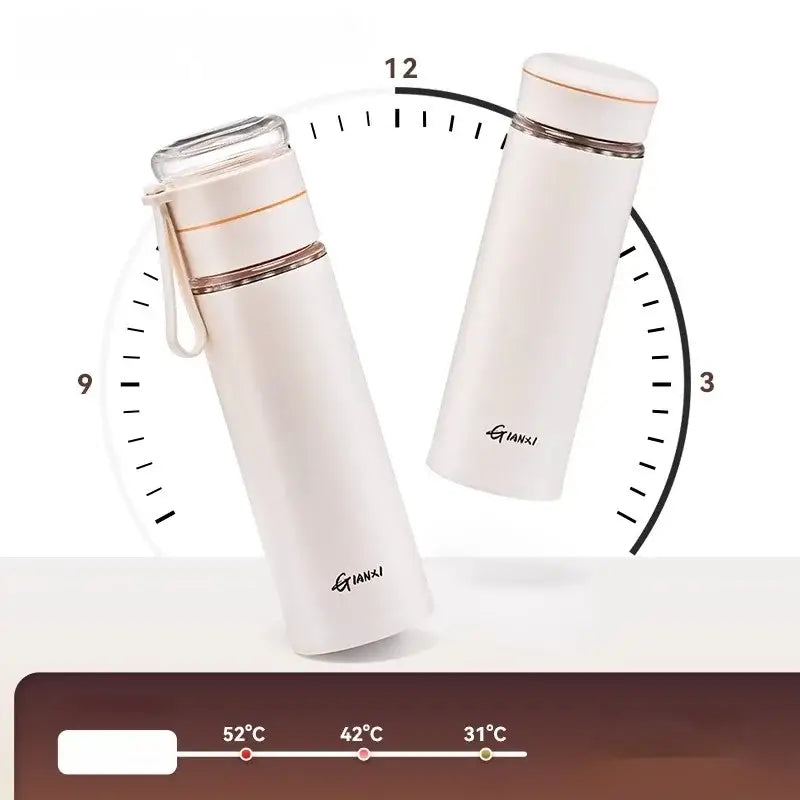 White insulated stainless steel thermos cup with tea separation feature rose gold accents and gianxi branding