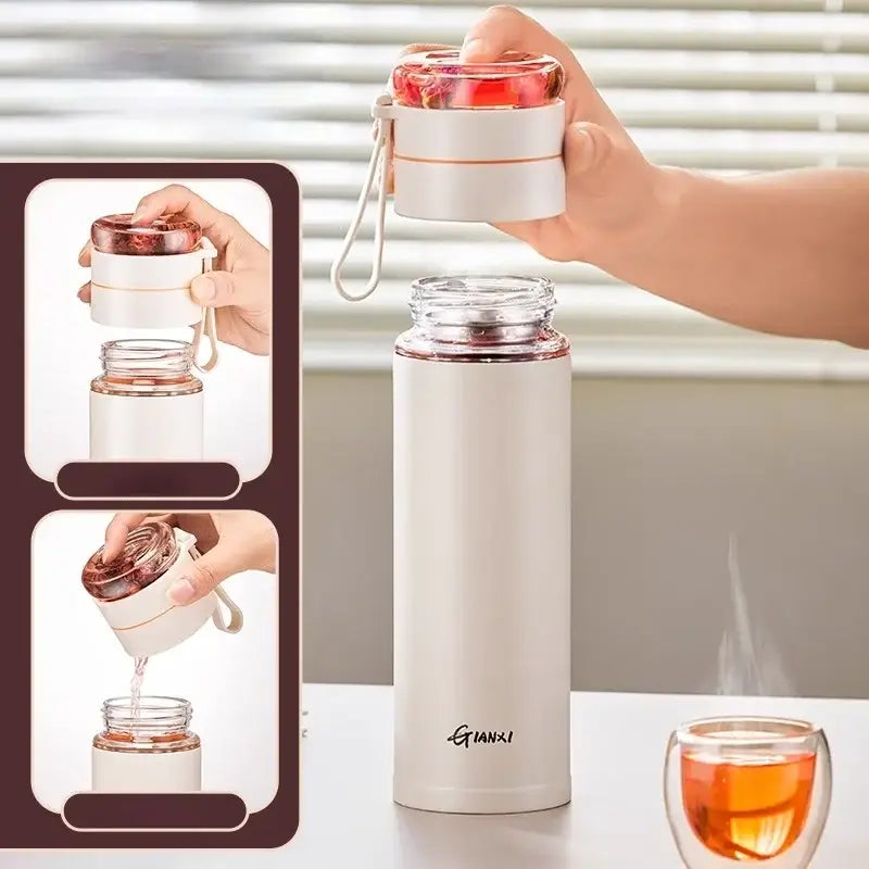 White insulated stainless steel thermos cup with tea separation and detachable glass lid with rose gold accents