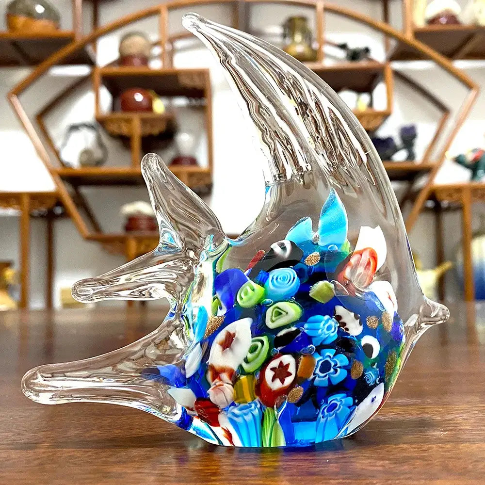 Decorbites glass tropical fish figurines feature a translucent glass body with vibrant blue green red and white mosaic inlays