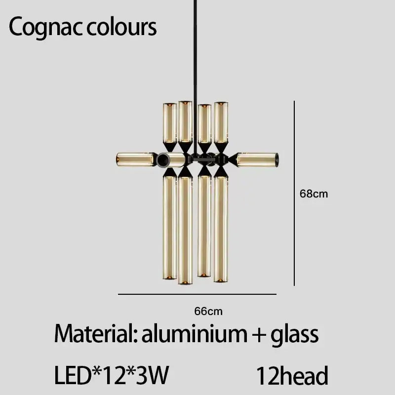 Cognac-colored DecorBites glass tube chandelier pendant lamp with 12 LED lights in sleek aluminum and glass design