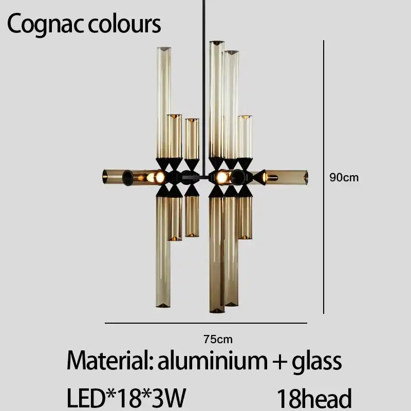 A decorbites glass tube chandelier pendant lamp with 18 leds amber glass tubes and black aluminum frame for modern spaces