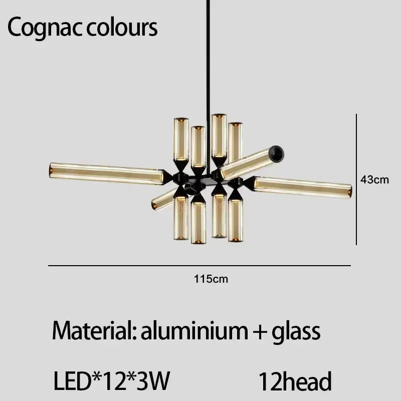 Cognac-colored decorbites glass tube chandelier with black aluminum hub and twelve led tubes in starburst pendant lamp design