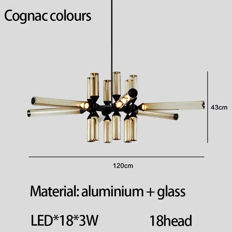 Modern black aluminum decorbites glass tube chandelier with amber glass tubes and 18 leds pendant lamp for living room