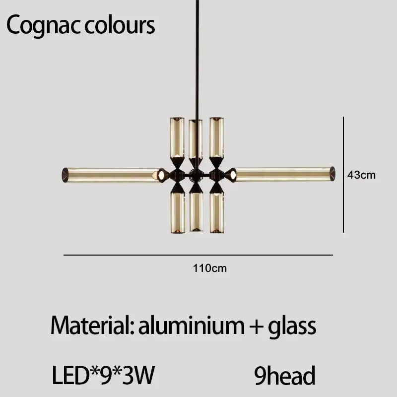 DecorBites glass tube chandelier modern pendant lamp with nine golden glass led lights aluminum and glass materials