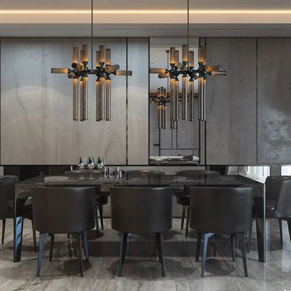 Modern black metal decorbites glass tube chandelier with cylindrical glass tubes and warm amber lighting pendant lamp