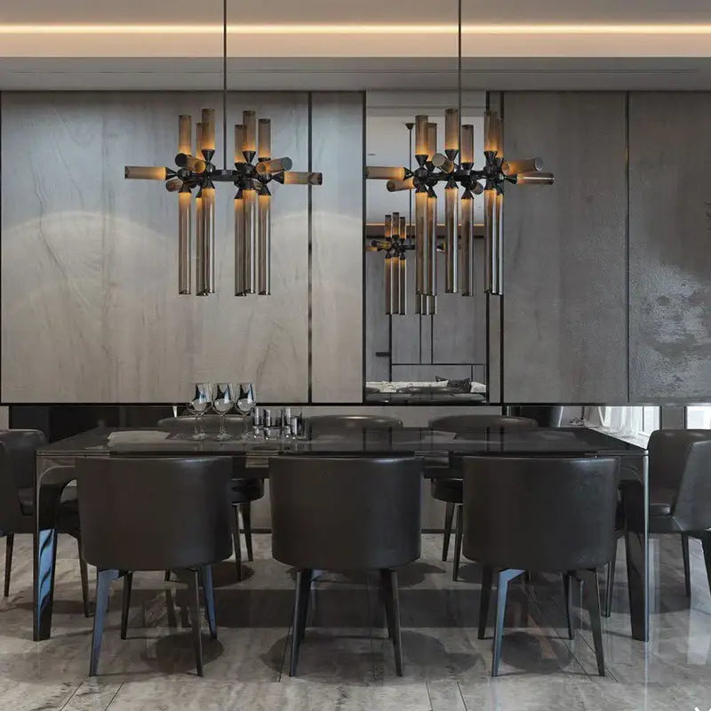 Modern black metal decorbites glass tube chandelier with cylindrical glass tubes and warm amber lighting pendant lamp