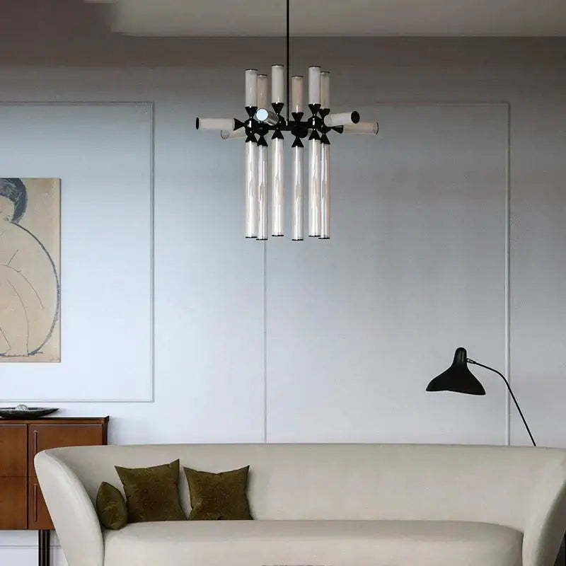 Modern glass tube chandelier by DecorBites with transparent glass tubes and black metal arms pendant lamp for living spaces