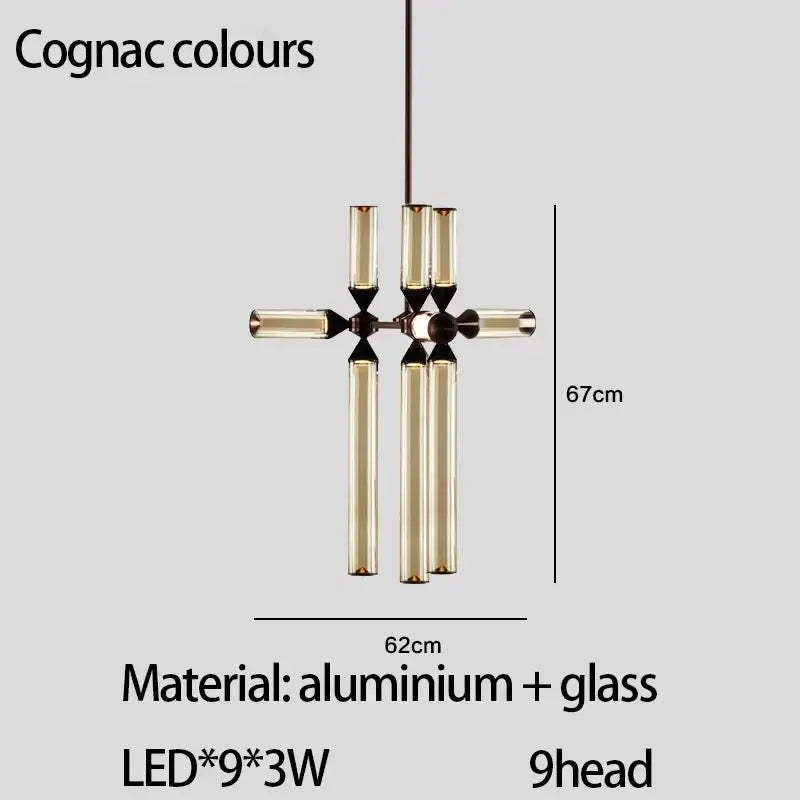 Cognac-colored decorbites glass tube chandelier with nine led glass tips in aluminum cross pendant lamp design