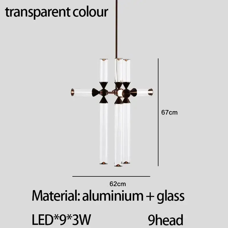 Modern glass tube chandelier by decorbites featuring nine led lights with transparent tubes and dark metal accents pendant lamp