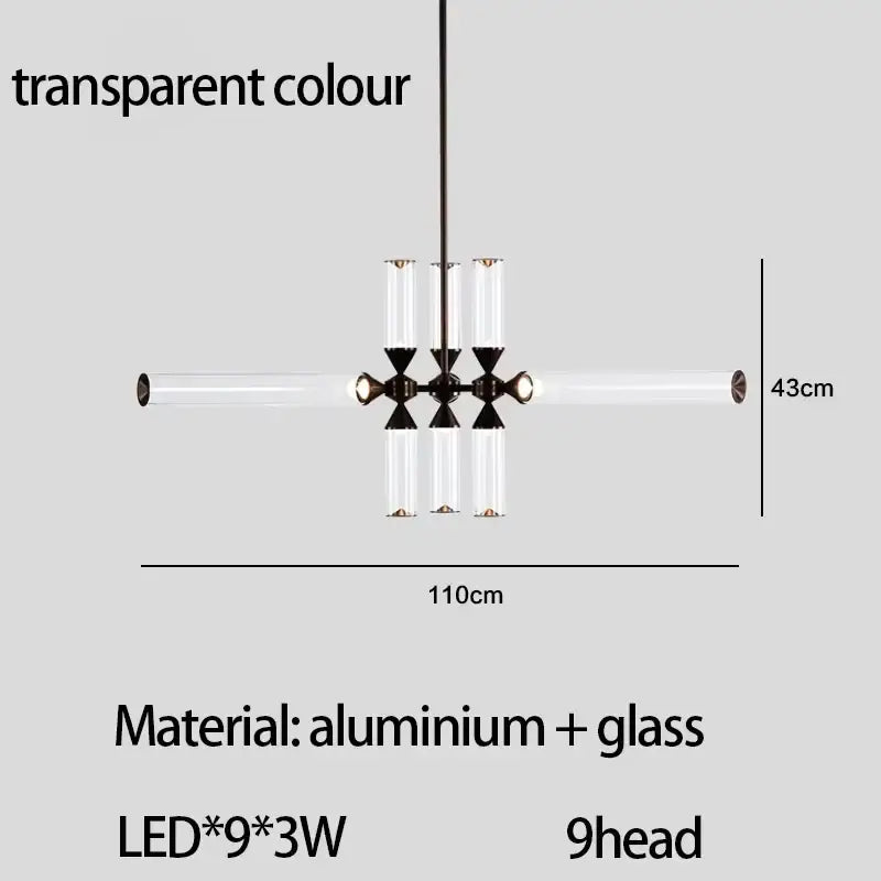 Modern minimalist decorbites glass tube chandelier with nine led lights black metal pendant lamp for living room and bedroom