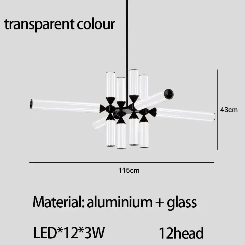 Modern pendant lamp decorbites glass tube chandelier with black aluminum arms and 12 led lights for living spaces