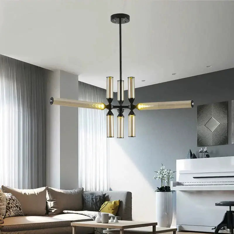 Modern black metal frame pendant lamp with gold-tinted glass tubes decorbites glass tube chandelier for living room