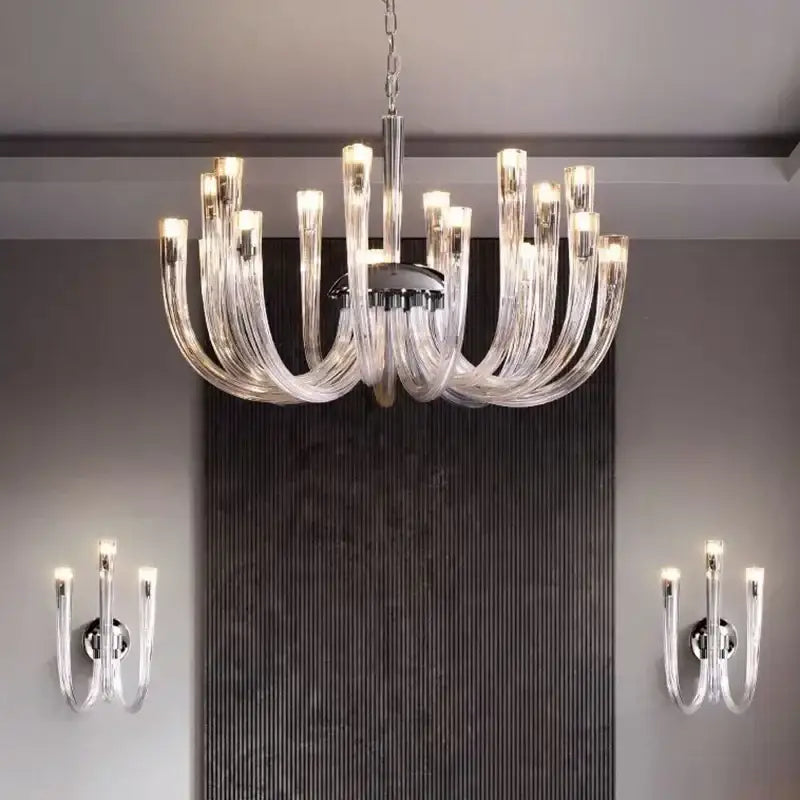Decorbites glass tube dining chandelier with clear glass curved arms and polished chrome frame for modern dining rooms