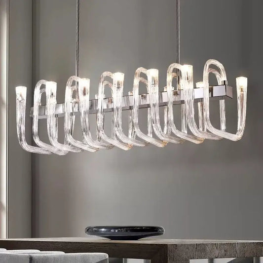 DecorBites glass tube dining chandelier with curved transparent acrylic arms and polished chrome fixtures