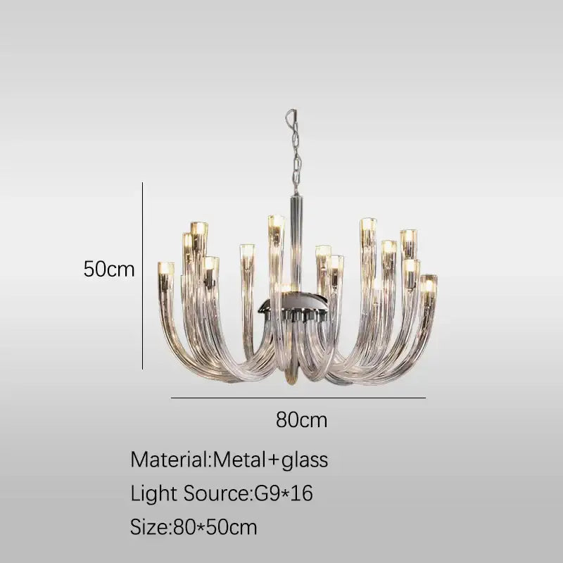 DecorBites glass tube dining chandelier with sleek chrome frame, transparent glass arms, and 16 G9 light sources