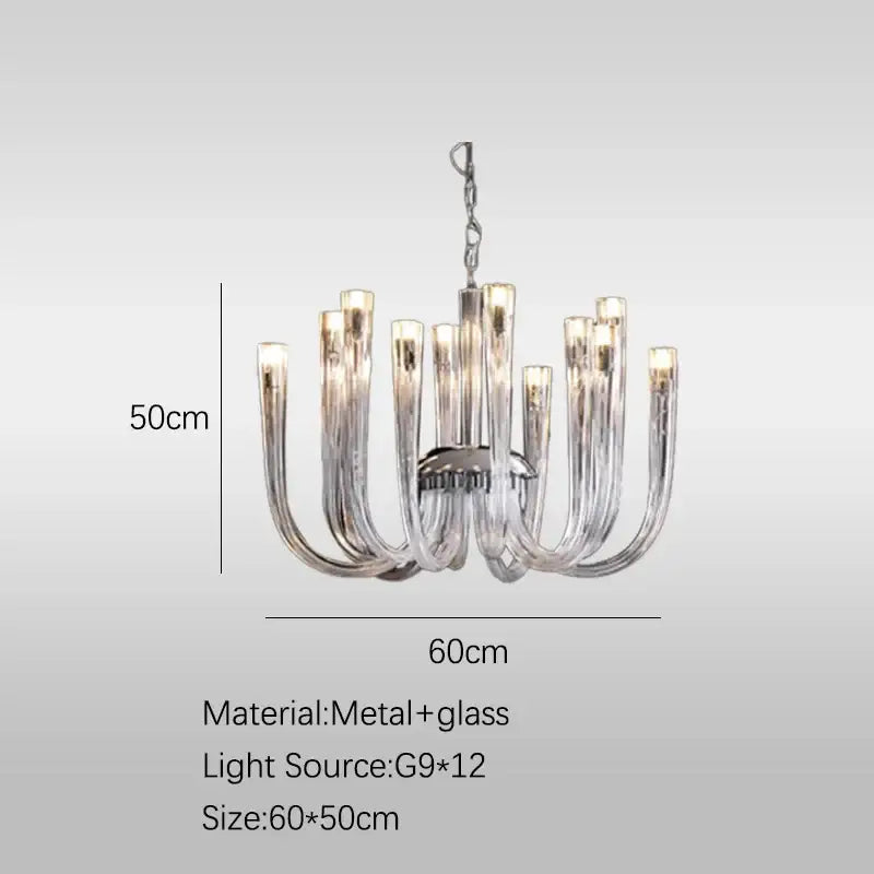 Decorbites glass tube dining chandelier with sleek curved glass design and metallic accents for modern lighting