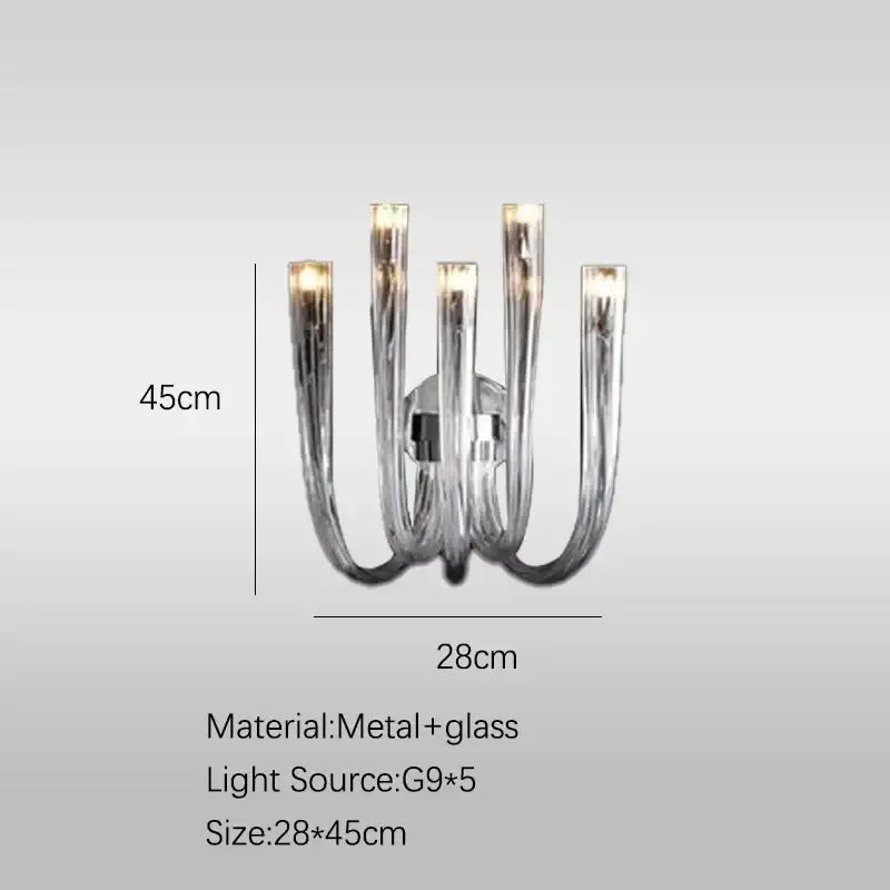 DecorBites glass tube dining chandelier with five curved transparent glass arms and metallic central fixture