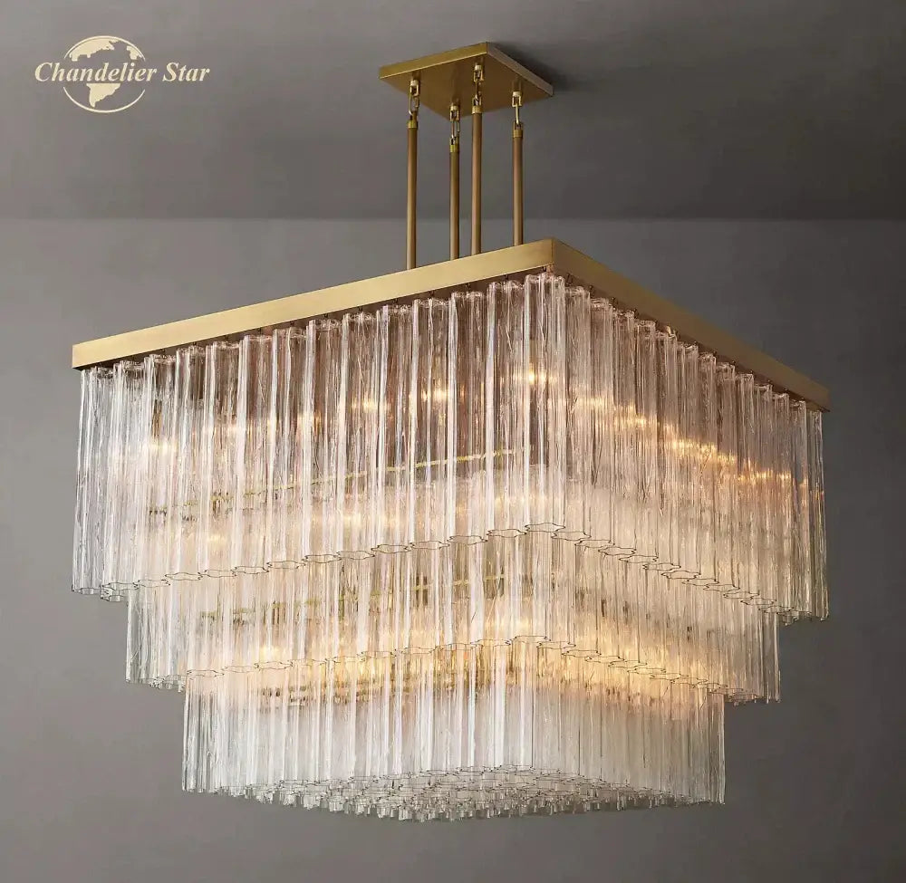 Gold-toned DecorBites glass tube LED square chandelier pendant with cascading clear textured glass tubes modern fixture