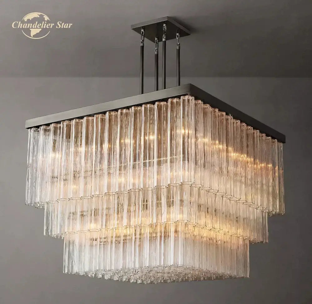 Decorbites glass tube led square chandelier pendant with clear glass tubes and dark metal frame for modern lighting