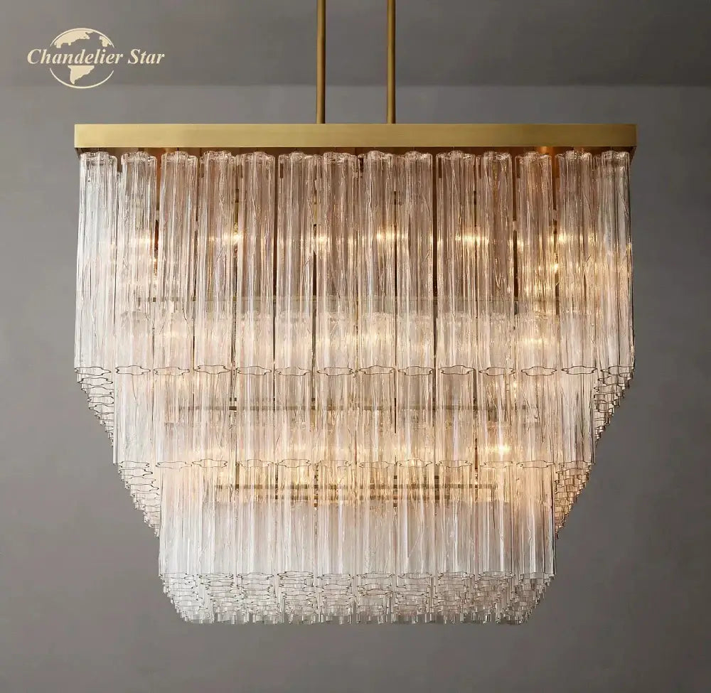 Decorbites glass tube led square chandelier pendant with cascading clear textured glass tubes and gold metal frame