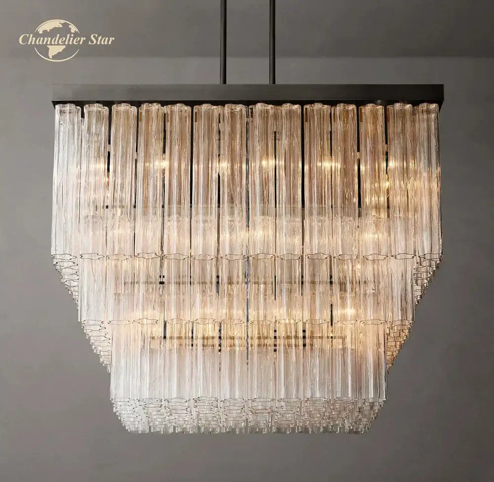 DecorBites glass tube LED square chandelier pendant with clear glass tubes and black metal frame modern cielor fixture