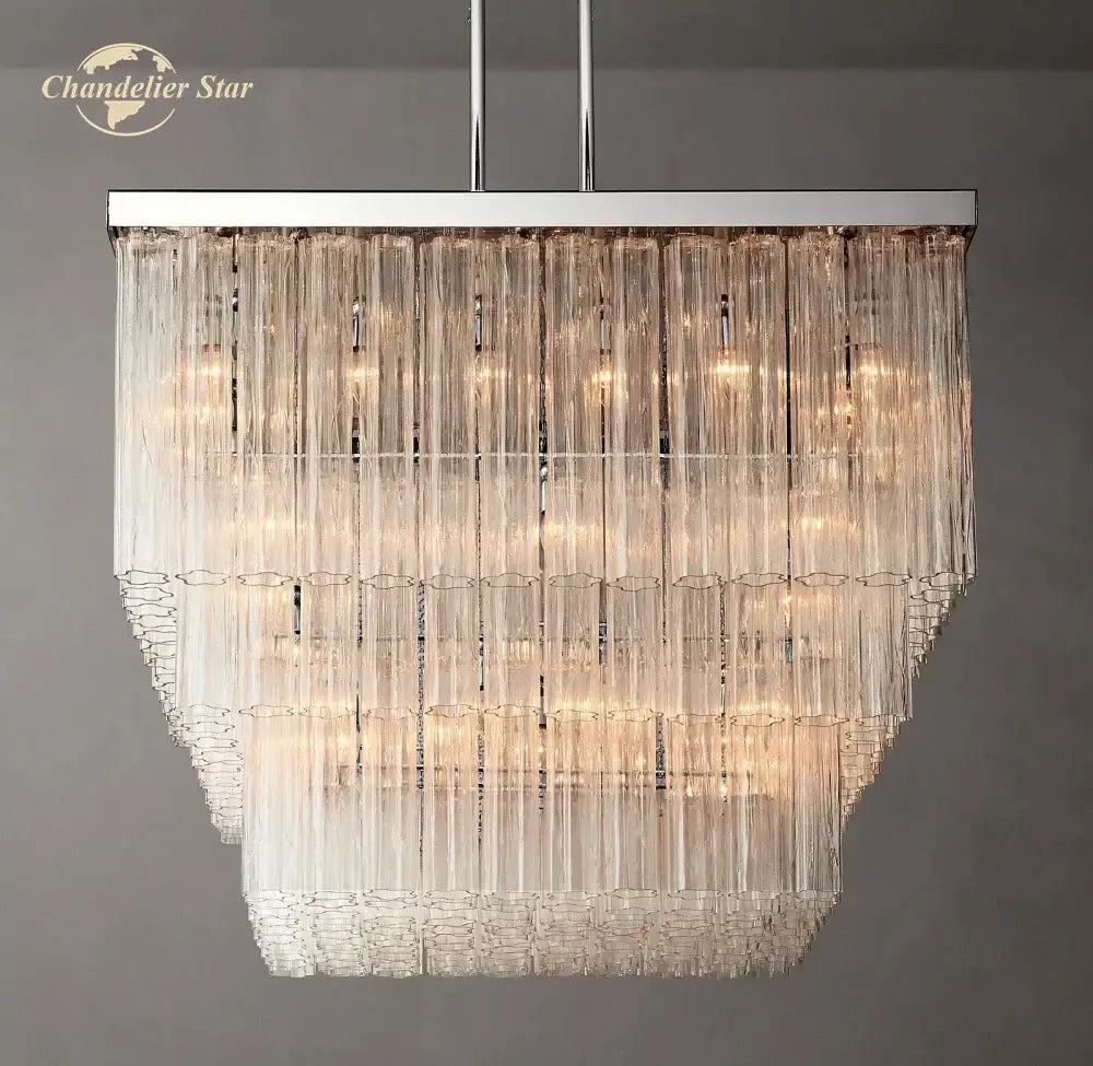 Modern rectangular decorbites glass tube led square chandelier pendant with cascading clear faceted glass tubes and chrome frame