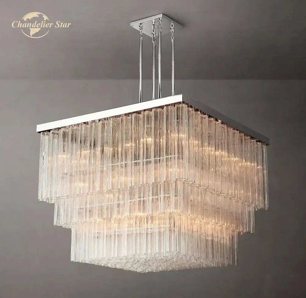 Modern decorbites glass tube led square chandelier pendant with tiered cascading glass tubes and polished chrome frame