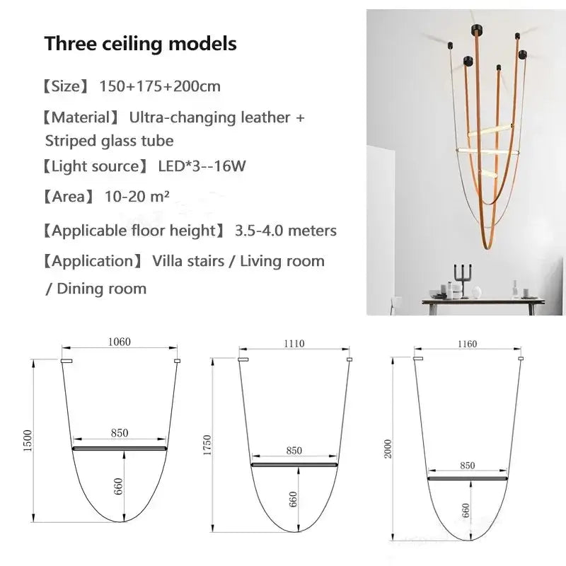 Modern minimalist DecorBites glass tube pendant lamp with copper leather straps and translucent striped glass for living room lighting