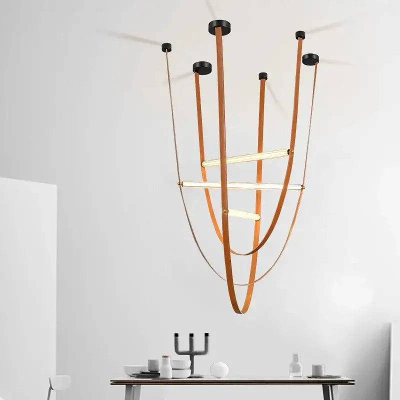 Modern decorbites glass tube pendant lamp with curved tan leather straps and black fixtures for living room lighting