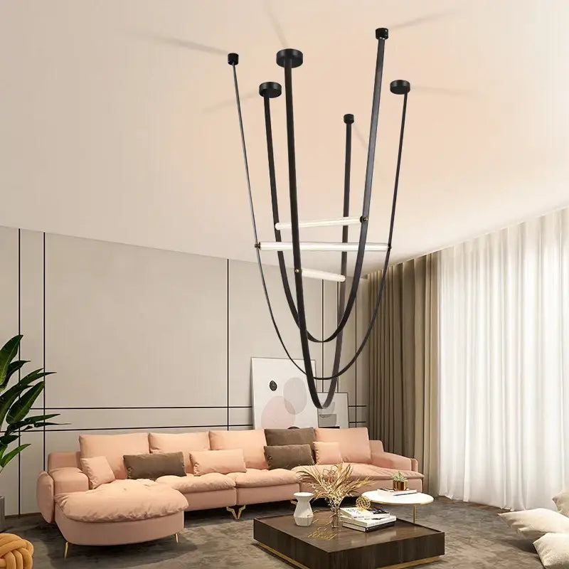 Decorbites glass tube pendant lamp with black metal curved arms and integrated led light bars for modern living room lighting