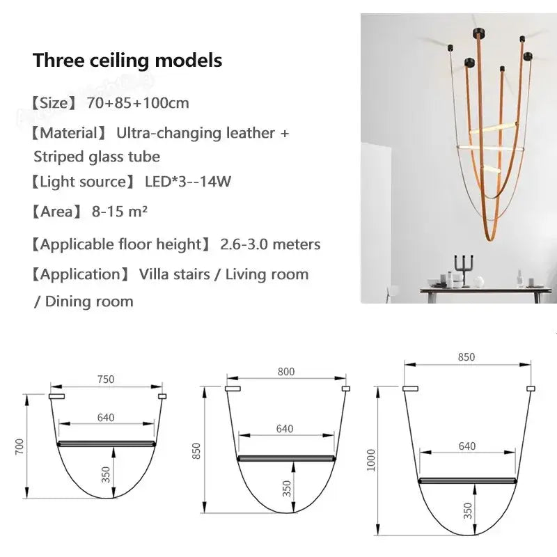 Modern minimalist decorbites glass tube pendant lamp with curved copper leather straps and striped glass tubes for living room