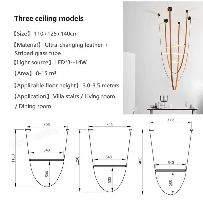Modern decorbites glass tube pendant lamp with curved warm leather straps and striped glass tubes for living room lighting