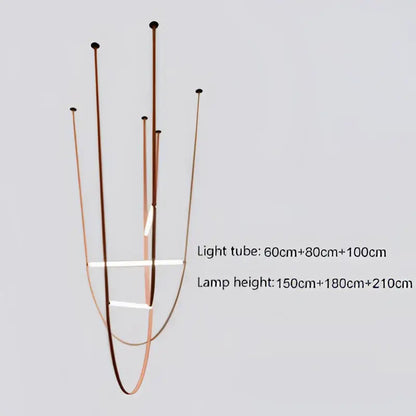 Modern copper-toned minimalist decorbites glass tube pendant light with slender curved arms and white bar accent for living room