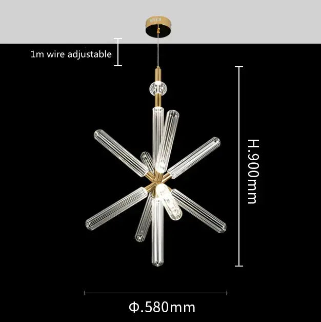 Gold-toned DecorBites glass tubes pendant lamp with clear ribbed glass arms for modern luxury lighting