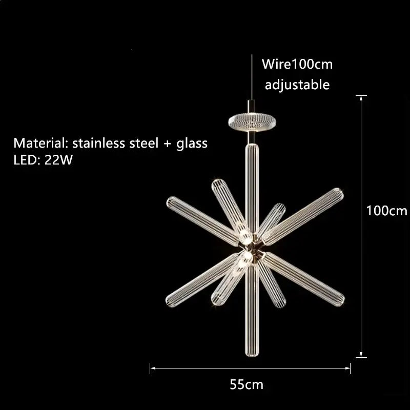 Modern starburst chandelier with transparent glass tubes and stainless steel frame by DecorBites glass tubes led design
