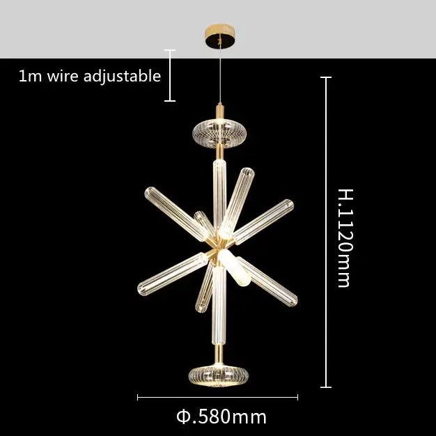 Modern starburst chandelier with gold-toned metal accents and clear glass tubes by DecorBites glass tubes led design