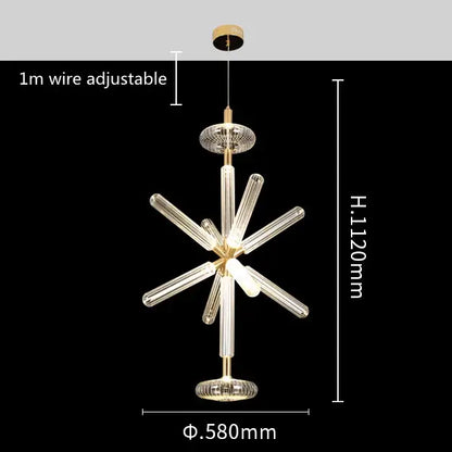 Modern starburst chandelier with gold-toned metal accents and clear glass tubes by DecorBites glass tubes led design