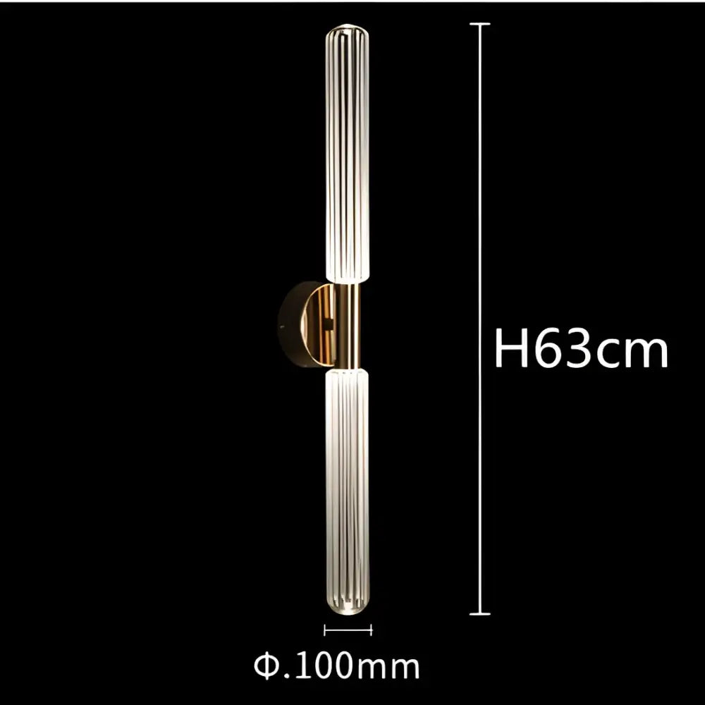 A decorbites glass tubes led chandelier wall-mounted light fixture with polished brass metal and ridged glass tubes