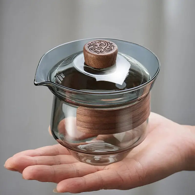 Decorbites glass tureen transparent glass teapot with wooden lid and carved knob for kung fu tea set