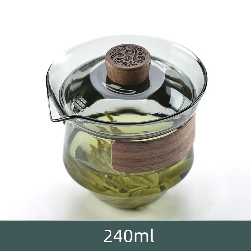 Clear glass DecorBites glass tureen teapot with wooden lid handle and carved knob for kung fu tea set use