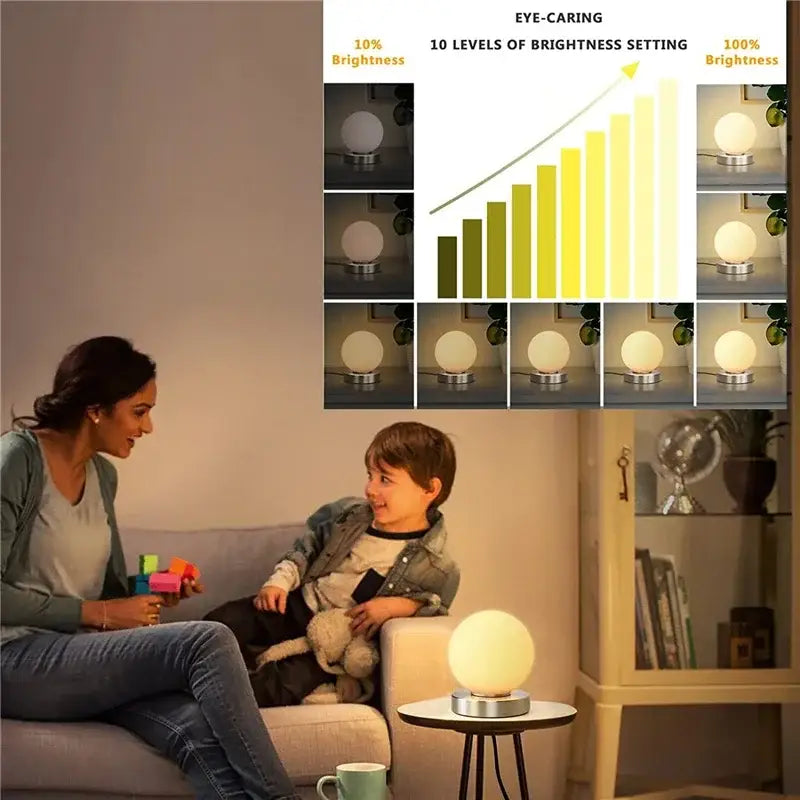 A sleek spherical white decorbites glass usb bedside lamp with metallic base for warm bedroom lighting