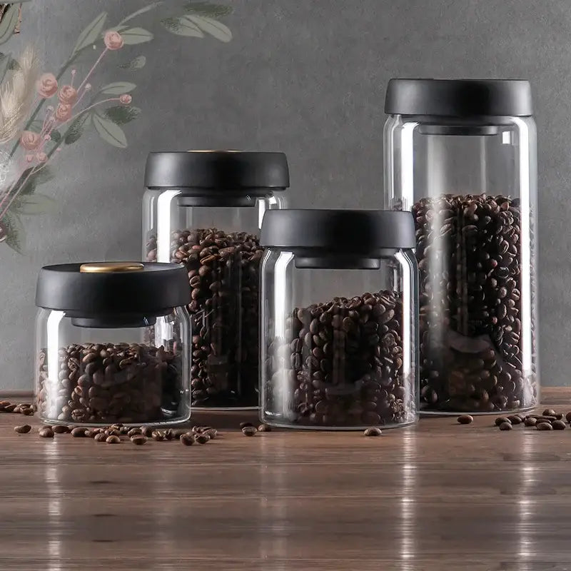 Decorbites glass vacuum sealed coffee beans canister set of clear glass jars with black lids in varying sizes for storage